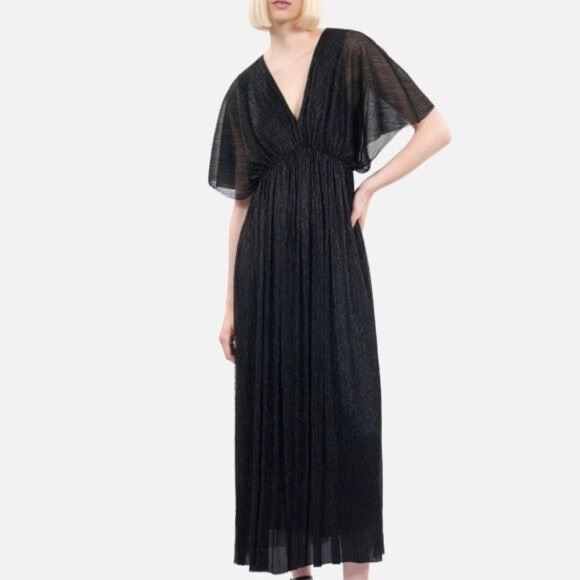 The Kooples V-Neck Metallic Pleated Maxi Lurex Dress Black Shimmer Sizefr 1/Us 4